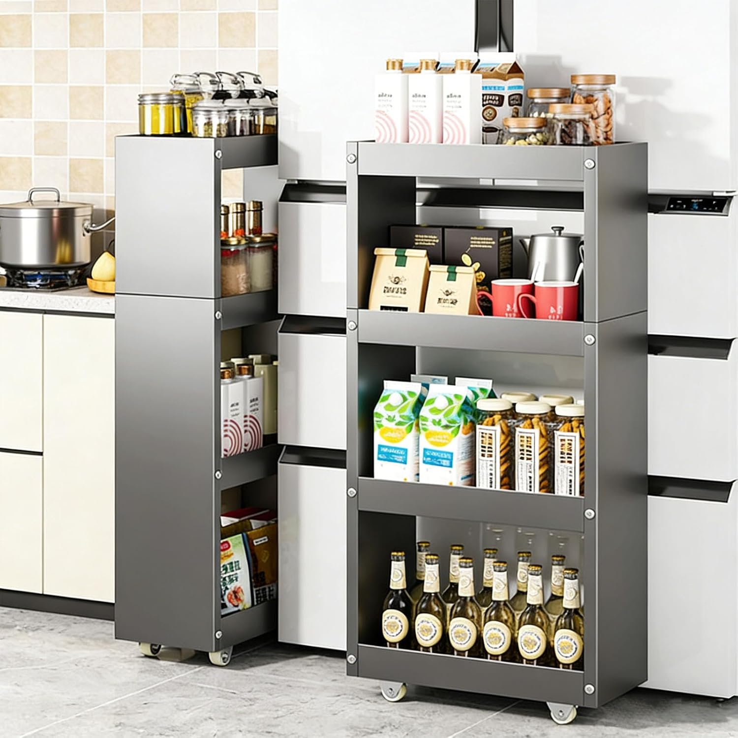 Slim Storage Cart,Rolling Spice Rack Next to Fridge Slim,Kitchen Rolling Cart,Narrow Storage Cabinet,for Kitchen,Bakers,Pantry,Dining Room,Gray,3Tier L18×W4×H27