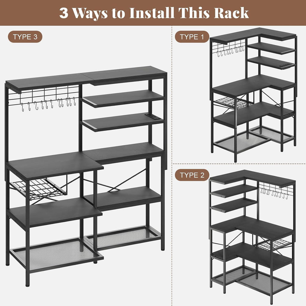 L-Shaped Bakers Rack with Power Outlet, 6-Tier Microwave Stand with Open Storage, Kitchen Shelf with Hooks, Coffee Bar with Wire Basket, Black