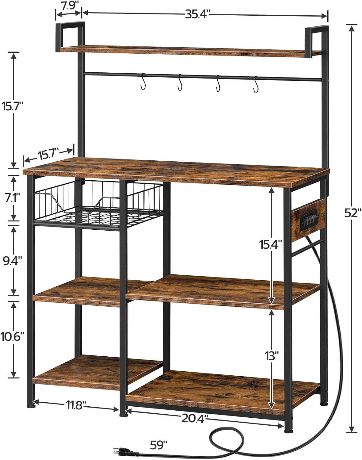 HOOBRO Kitchen Bakers Rack, Rustic Brown 3-Piece Bar Table Set with Power Outlet BF05UHB01-BF45UBT01