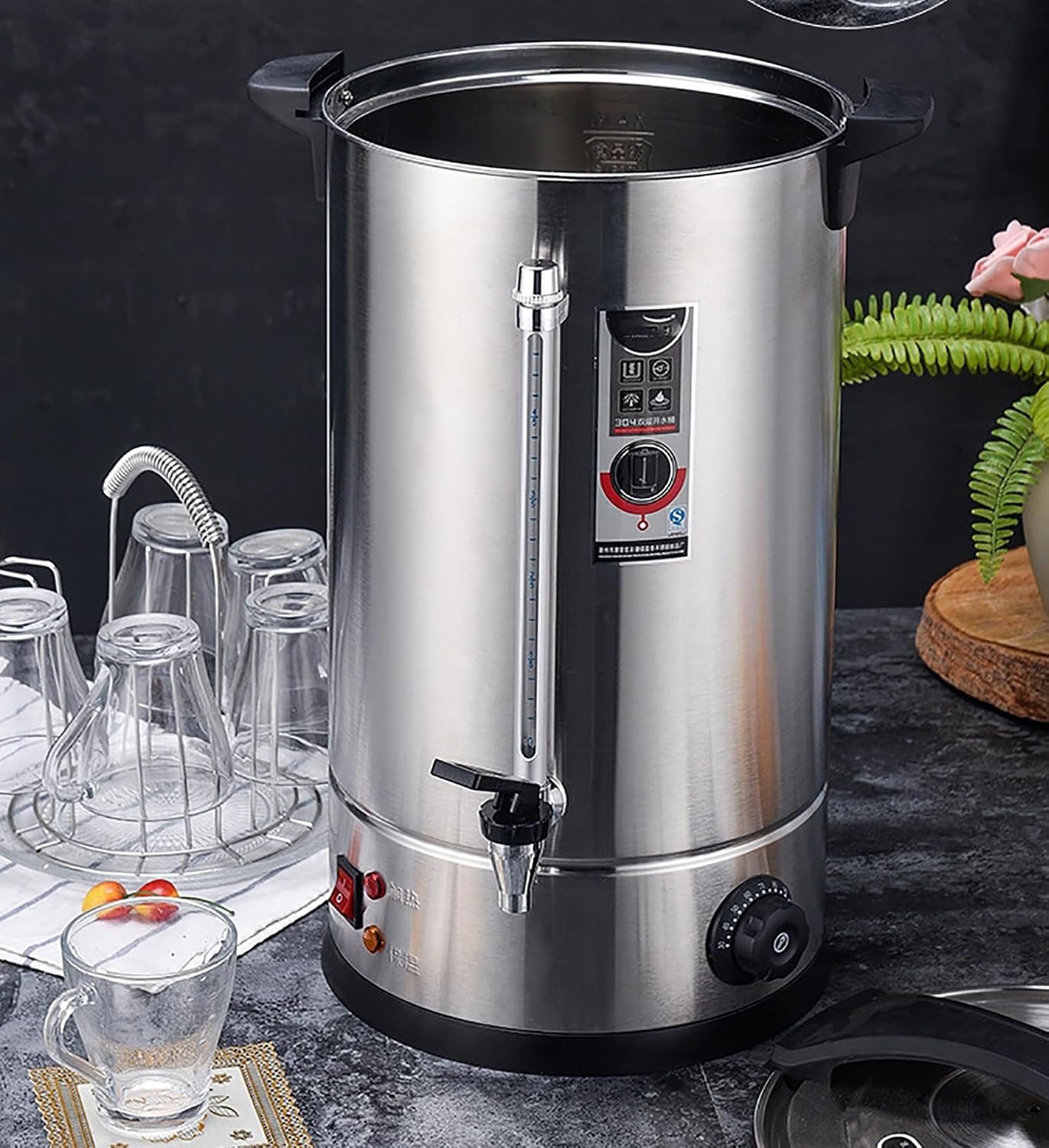McbeAn Hot Water Dispenser, 25L Stainless Steel Electric Hot Water Boiler with Water Gauge Display, Full Chassis Heating, Anti-Dry Protection, Double-Layer Barrel Wall, for Home Commercial