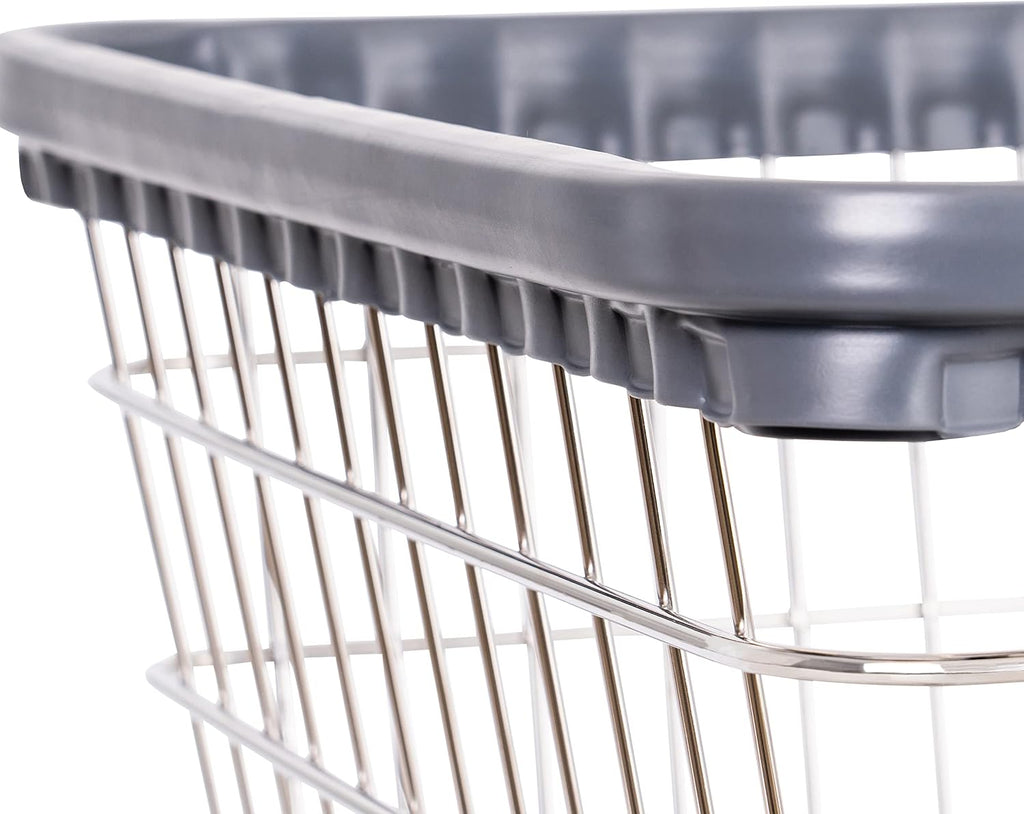 R&B Wire® 100E58 Heavy Duty Wire Laundry Cart with Double Pole Rack | 2.5 Bushel | Steel Frame with Chrome Finish | Commercial Laundry Basket | Industrial Bumper | 5' Clean Wheel System™ Casters