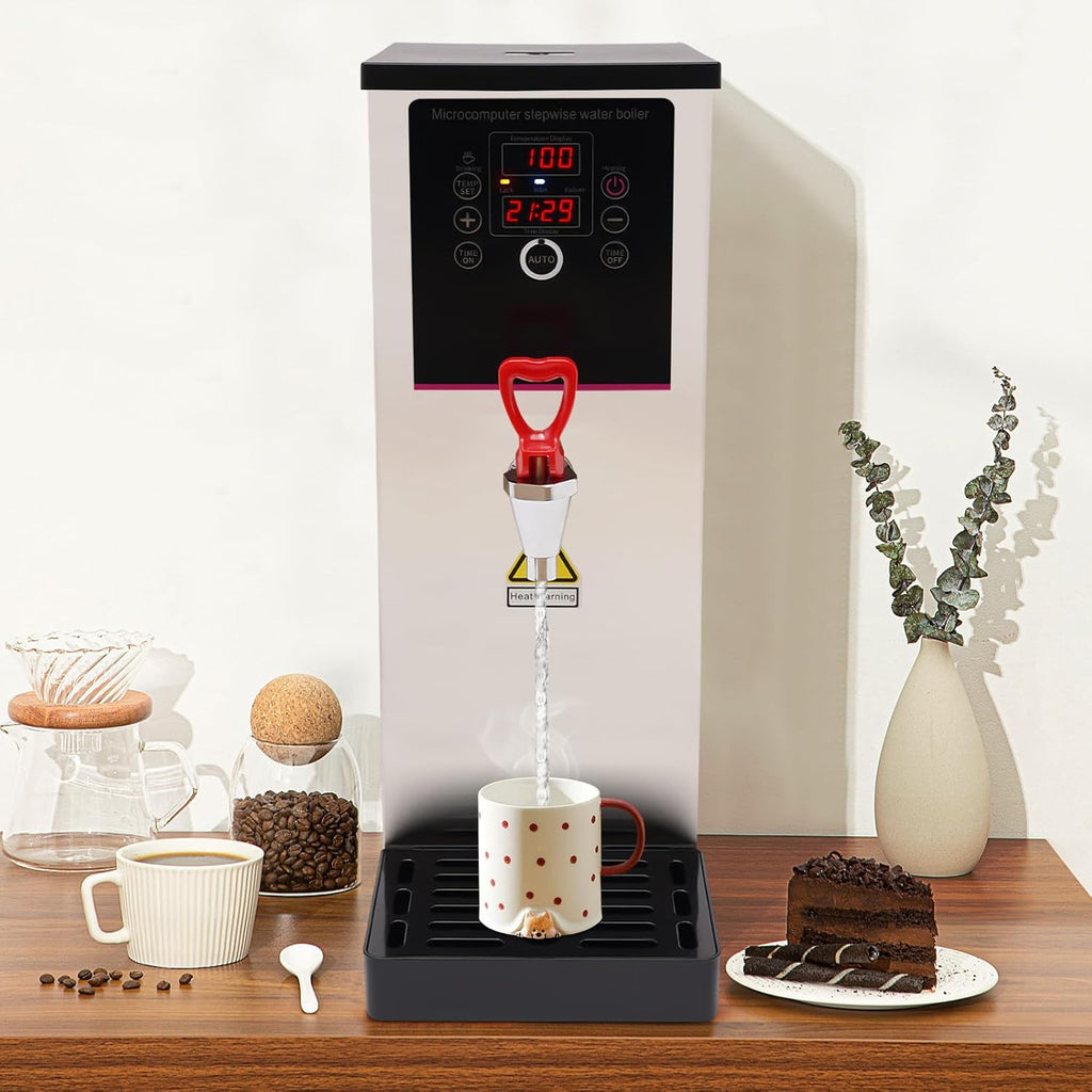 Electric Water Boiler 10L Commercial Hot Water Dispenser 2500W Stainless Steel Step Heating Water Maker Automatic Boiling Water Machine W/Digital Display Screen/Anti-Dry Burning (Silver)