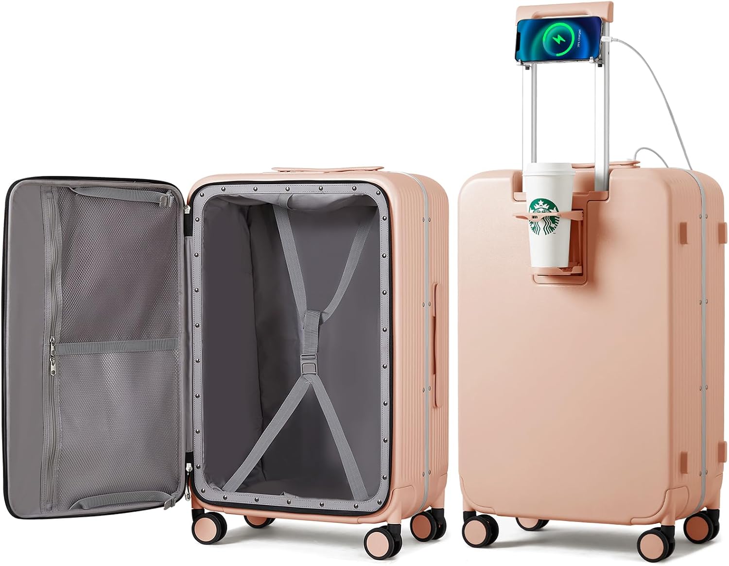 mixi Large Checked Luggage with Cup Phone Holder and Charger Hard Shell Suitcases with Spinner Wheels, 26 Inch Light Pink