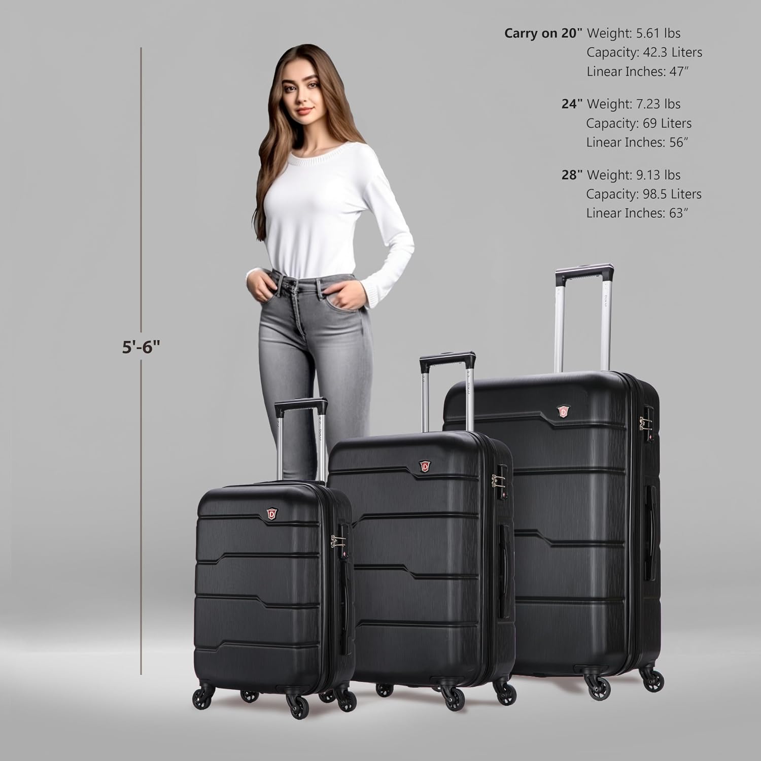 DUKAP RODEZ Hardside Luggage Set with Ergonomic Handles and TSA Lock | Spacious Travel Suitcase with Four Spinner Wheels and Studs | (20/24/28) 3 Piece Luggage Set | Black
