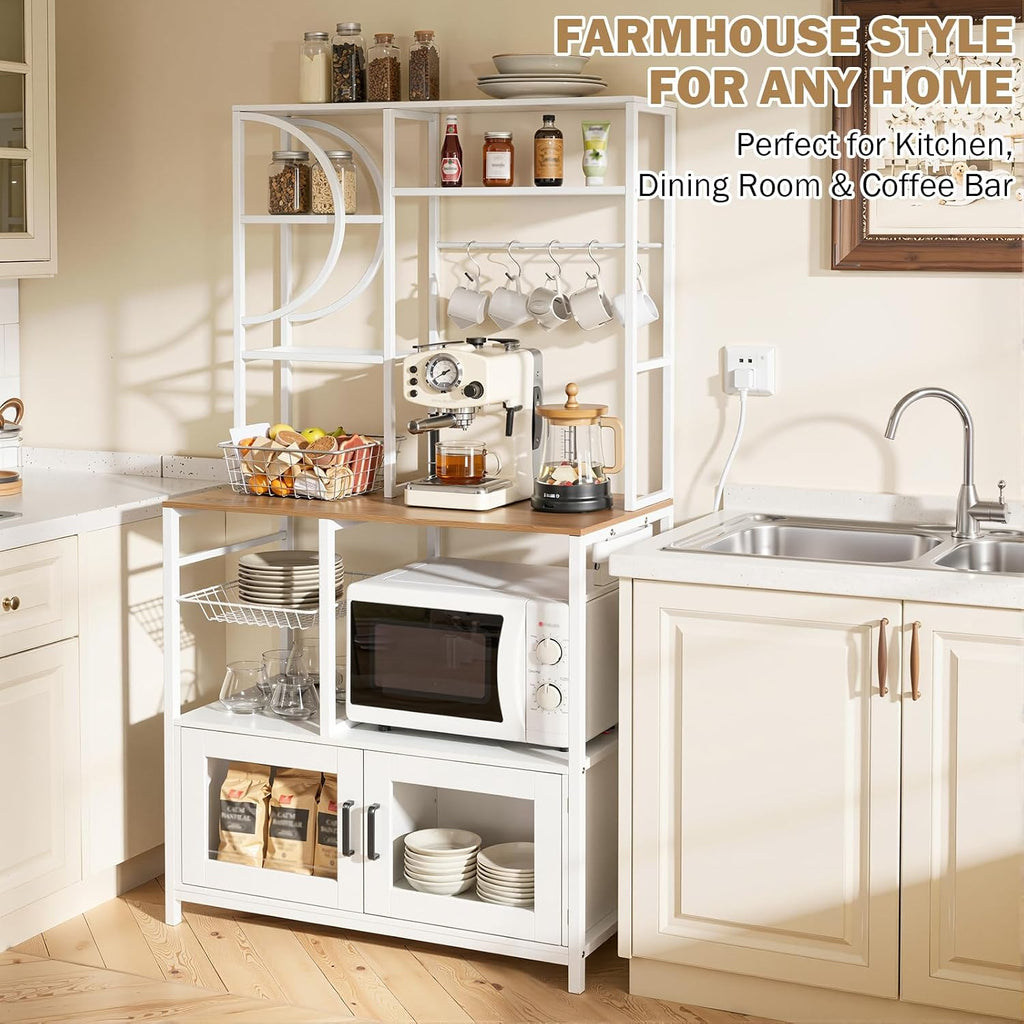 Uieke Bakers Rack with Power Outlet and Storage, Kitchen Bakers Rack with Cabinet & 10 Hooks, Coffee Bar Cabinet, Microwave Stand, 5 Tiers Kitchen Storage Rack for Dining Room & Small Spaces, White