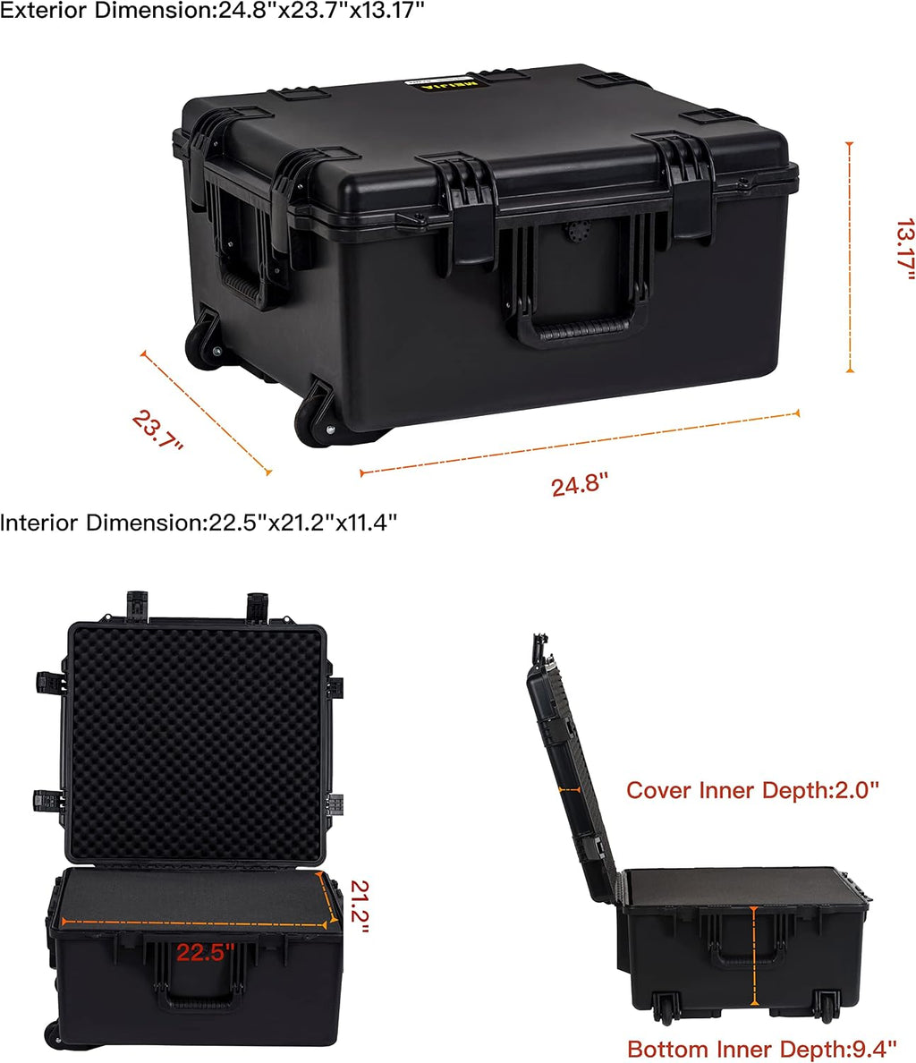MEIJIA Portable All Weather Waterproof Hard Case, Camera Case with Customizable Fit Foam And Rolling Wheels, 24.8'X23.7'X13.17',Elegant Black