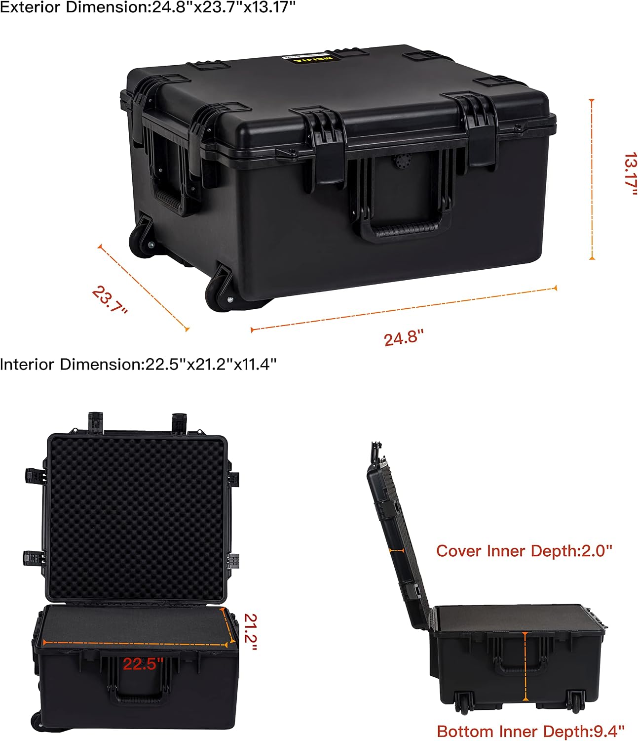 MEIJIA Portable All Weather Waterproof Hard Case, Camera Case with Customizable Fit Foam And Rolling Wheels, 24.8'X23.7'X13.17',Elegant Black