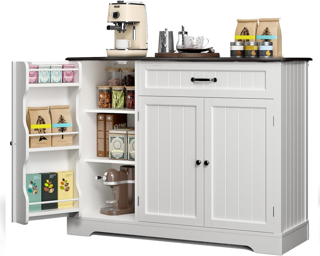 Gizoon Kitchen Coffee Bar Cabinet with Storage Kitchen Sideboard Buffet Cabinet with Drawers, Short Pantry with Door and Shelves for Bathroom and Living Room, White and Black, Painted