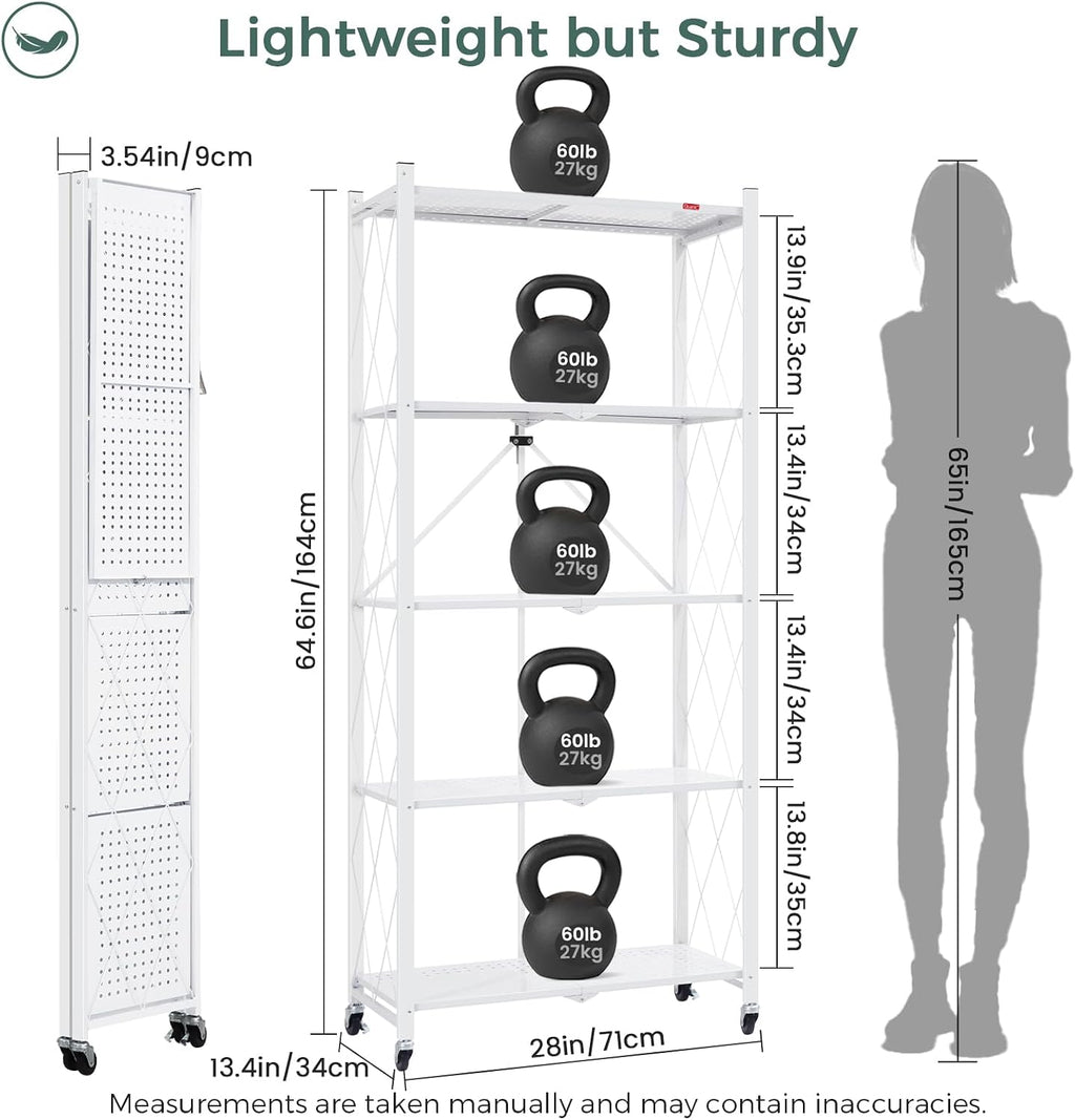 DEANIC 5 Tier Foldable Storage Shelves with Wheels, Large Capacity Shelving Unit, Freestanding Metal Wire Shelf Rack, No Assembly Organizer Rack for Garage Kitchen, Basement, Pantry White,3 Pack