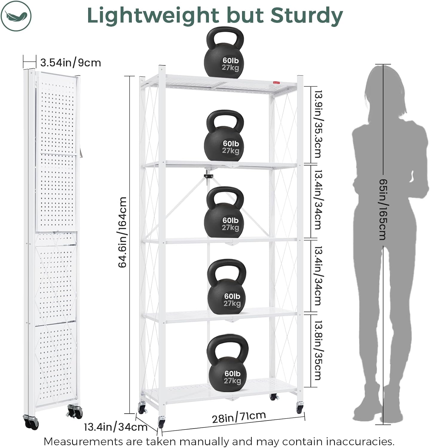 DEANIC 5 Tier Foldable Storage Shelves with Wheels, Large Capacity Shelving Unit, Freestanding Metal Wire Shelf Rack, No Assembly Organizer Rack for Garage Kitchen, Basement, Pantry White,3 Pack