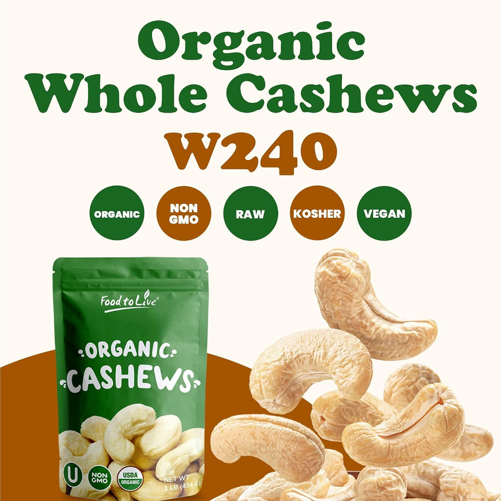 Food to Live Organic Cashews, 18 Pounds – Whole, Size W-240, Unsalted, Non-GMO, Kosher, Raw, Vegan, Bulk