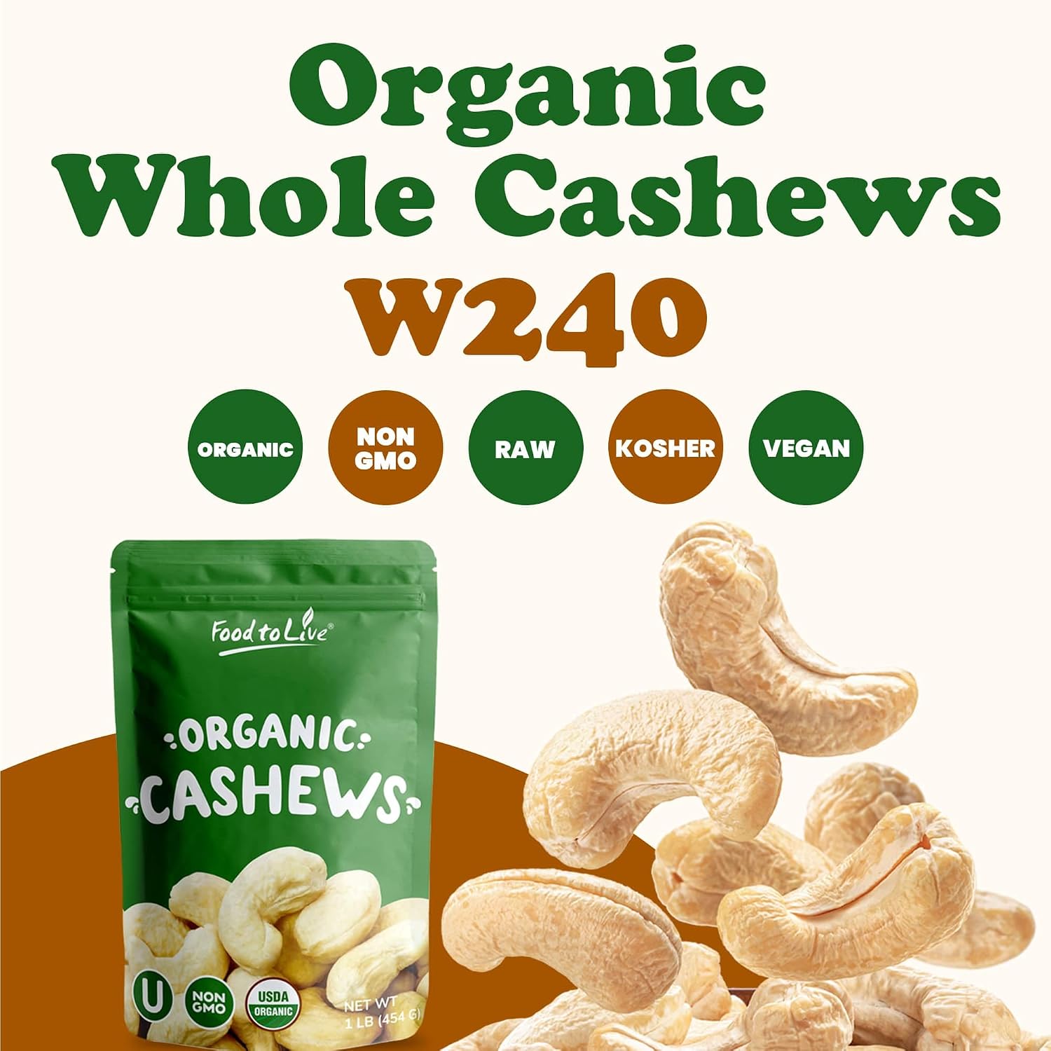 Food to Live Organic Cashews, 18 Pounds – Whole, Size W-240, Unsalted, Non-GMO, Kosher, Raw, Vegan, Bulk