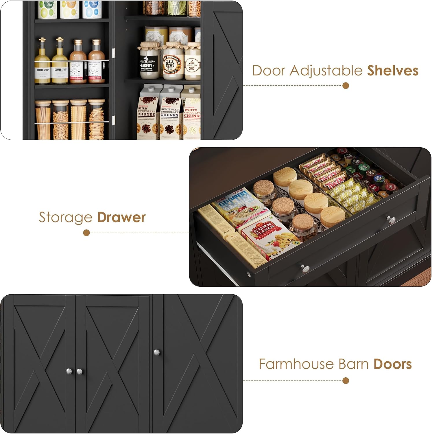 HIFIT 72.8' LED Kitchen Pantry Cabinet with Charging Station, 55' Wide Farmhouse Pantry Cabinet with Microwave Stand&Shelves&Swing-Out Door, Kitchen Hutch Coffee Bar for Living Room, Black
