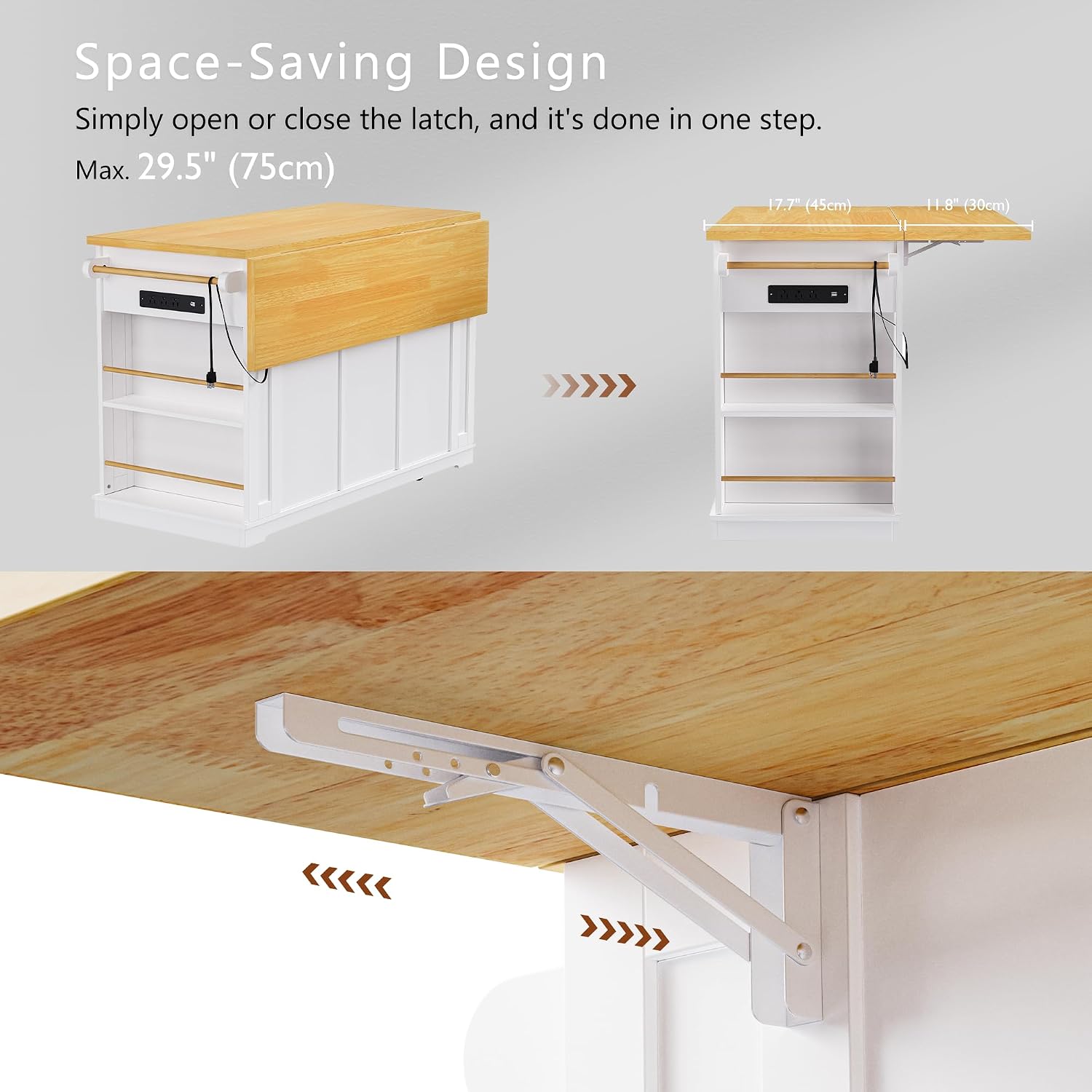 Classic Large Kitchen Island with 2 Bar Stools, Power Outlet,Door Internal Storage Rack, Kitchen Storage Cart on 5 Wheels with Drop Leaf, Used for Home, Dining Room (White/Large)