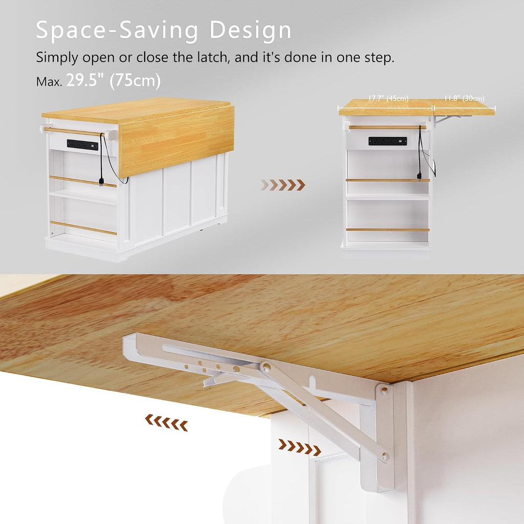 Classic Large Kitchen Island with Drop Leaf, Power Outlet, Door Internal Storage Rack, Rolling Kitchen Storage Cart on 5 Wheels with 5 Open Side Racks, 3 Drawers for Home, Dining Room (White/Wheels)
