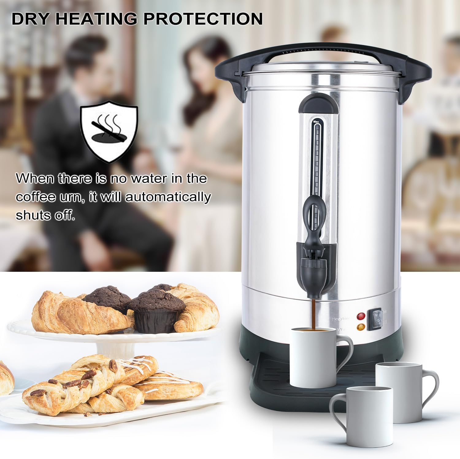 APOXCON Coffee Urn Commercial Grade Coffee Maker Double Wall Stainless Steel Large Hot Water Urn, 1500W Quick Brew Coffee Percolator Electric with Keep Warm Function, 100-Cup 14 L