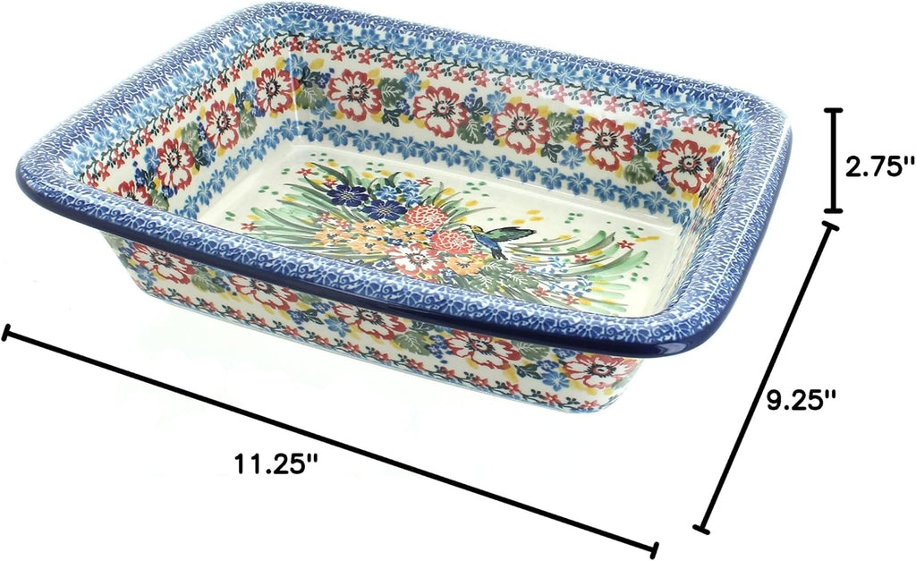 Blue Rose Polish Pottery - Red Hummingbird Small Rectangular Baker - 11.25' x 9.25' - Unique, Dishwasher Safe, & Durable Bakeware
