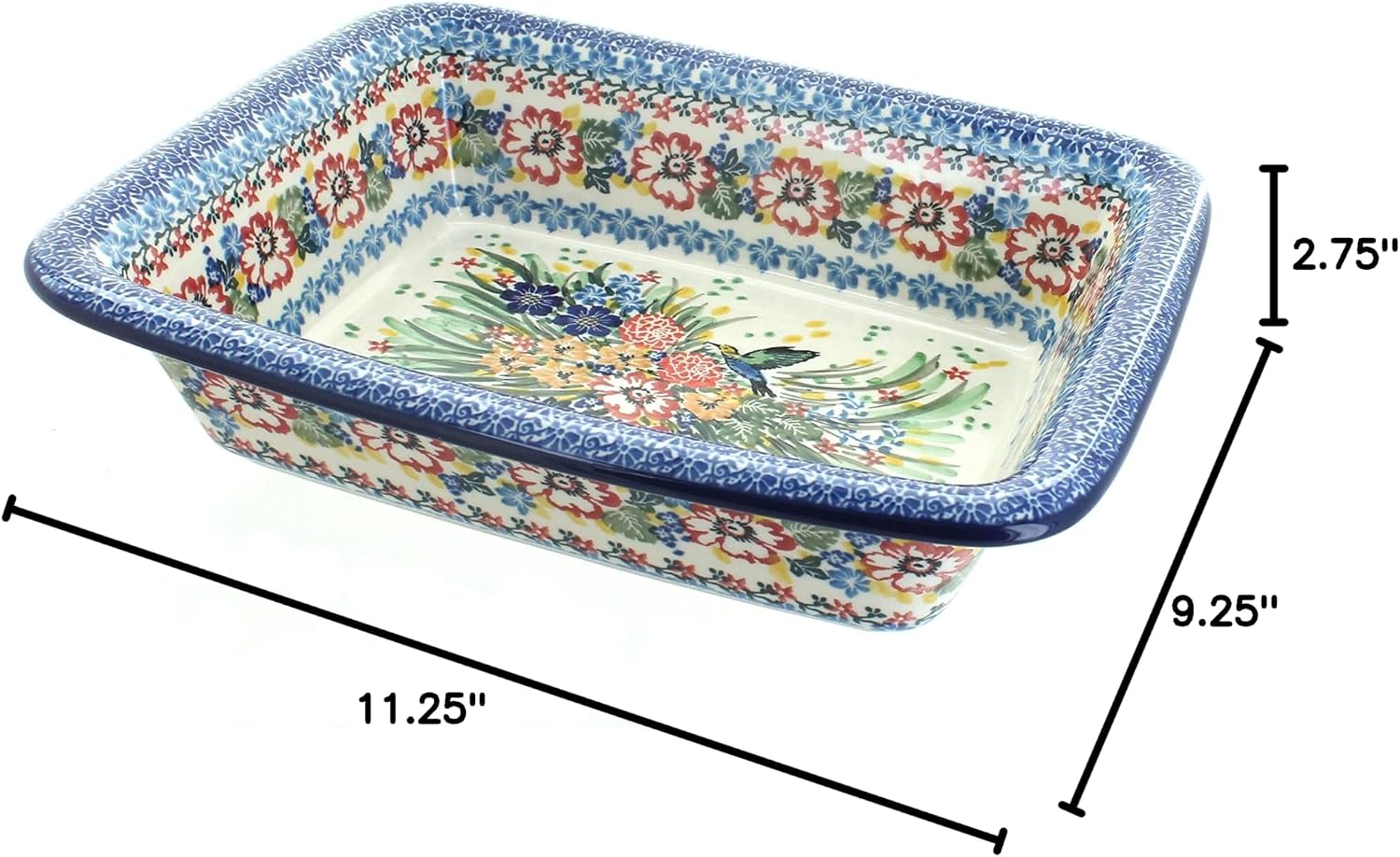 Blue Rose Polish Pottery - Red Hummingbird Small Rectangular Baker - 11.25' x 9.25' - Unique, Dishwasher Safe, & Durable Bakeware