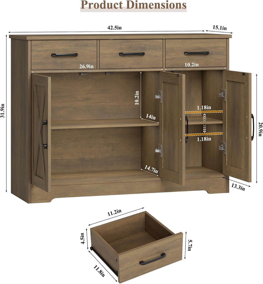 HOSTACK Modern Farmhouse Buffet Sideboard Cabinet, Barn Doors Storage Cabinet with Drawers and Shelves, Wood Coffee Bar Station for Dining Room, Kitchen, Living Room, Rustic Brown