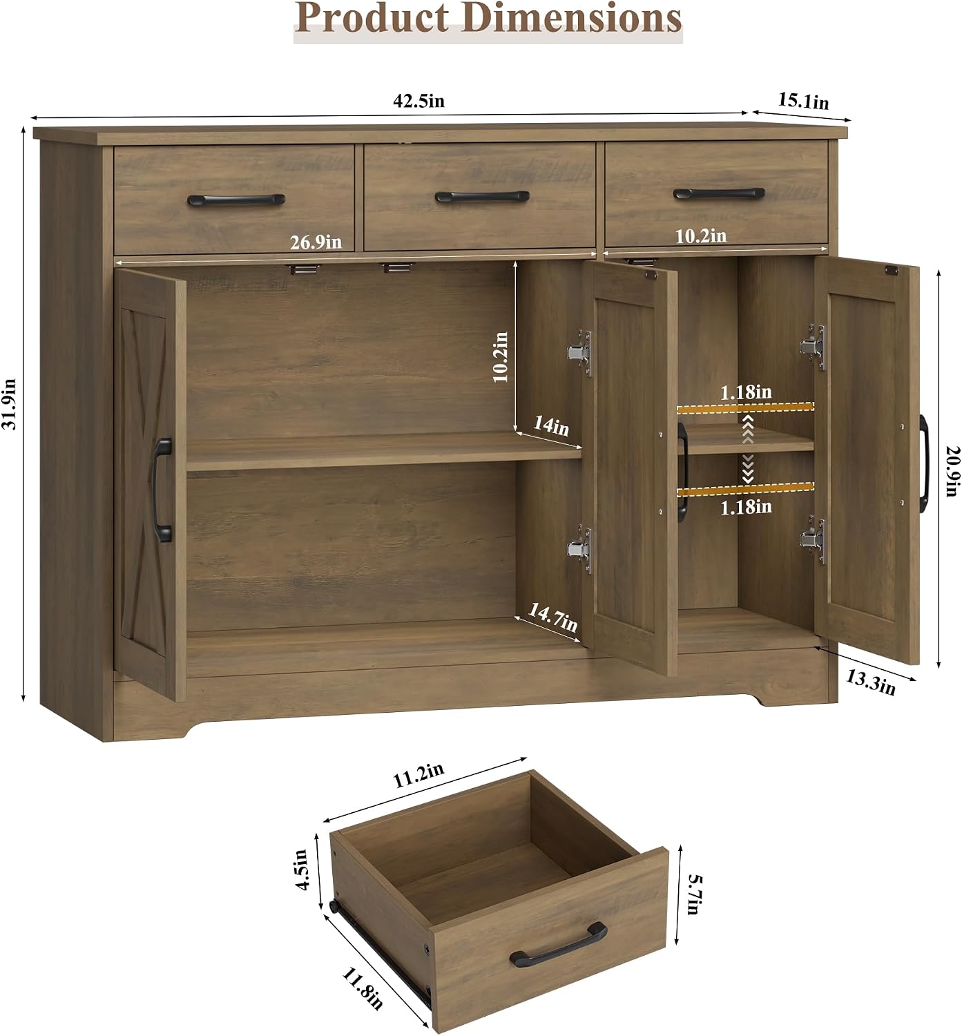 HOSTACK Modern Farmhouse Buffet Sideboard Cabinet, Barn Doors Storage Cabinet with Drawers and Shelves, Wood Coffee Bar Station for Dining Room, Kitchen, Living Room, Rustic Brown