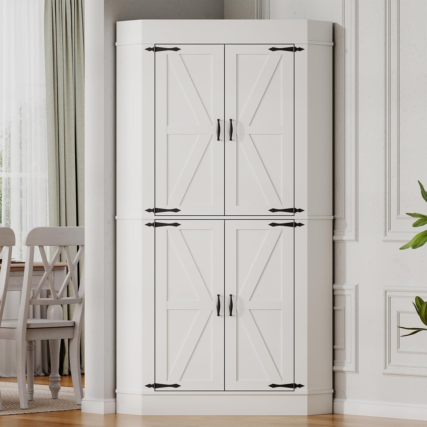 Gyfimoie Corner Cabinet,Kitchen Pantry Storage Cabinet,Freestanding Buffet Hutch with 4 Doors and Shelves,Tall Food Pantry Farmhouse Furniture with Side Rack for Kitchen Dining Room (White)