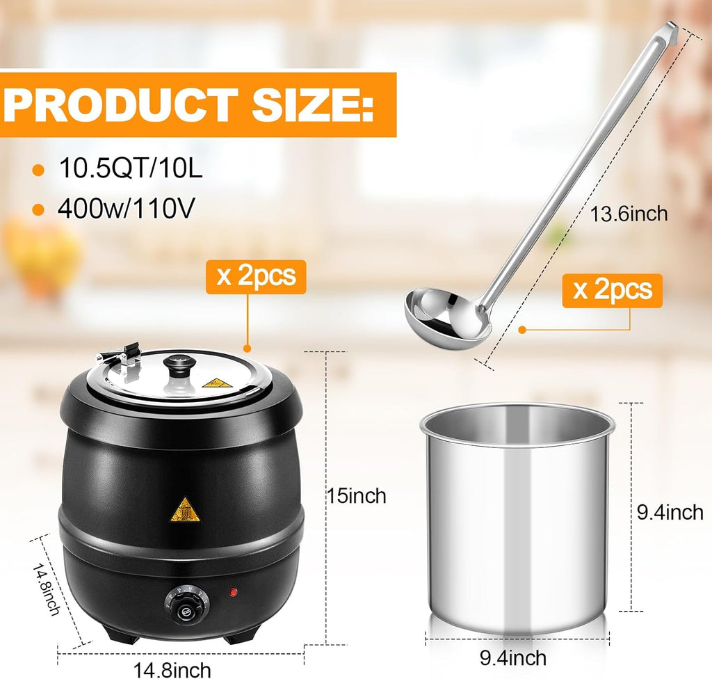Suclain 2 10.5 Quart Commercial Soup Warmer 110v Electric Large Commercial Soup Kettle Warmer with 2 Ladles Stainless Steel Hinged Lid Detachable Pot Portable Electric Pot for Family Gathering