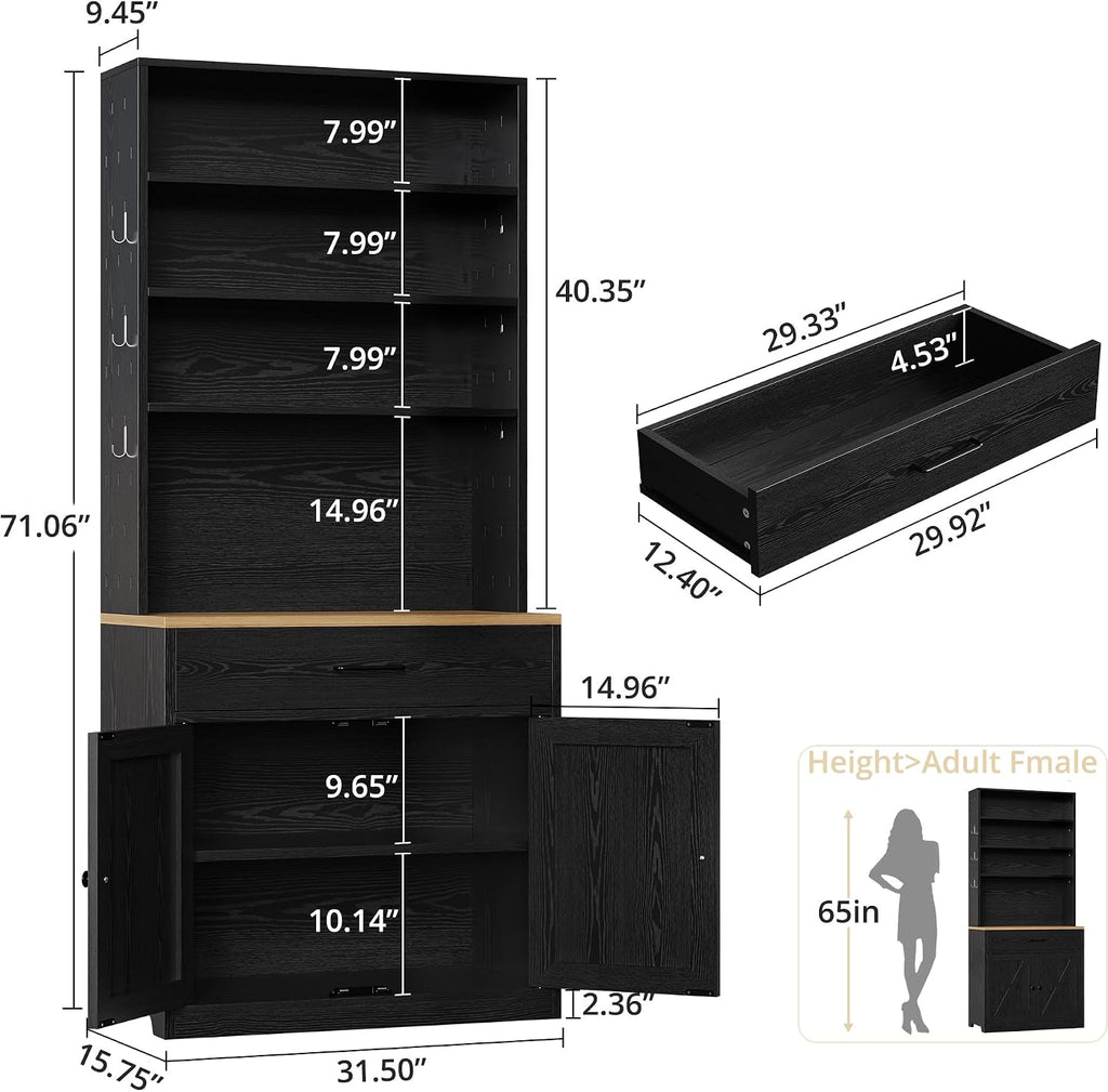 IRONCK Bakers Rack Microwave Stand with Customizable Pegboard and Storage, 71' Farmhouse Coffee Bar Cabinet with Drawer, Barn Doors, Adjustable Shelves for Kitchen, Dining Room, Living Room, Black