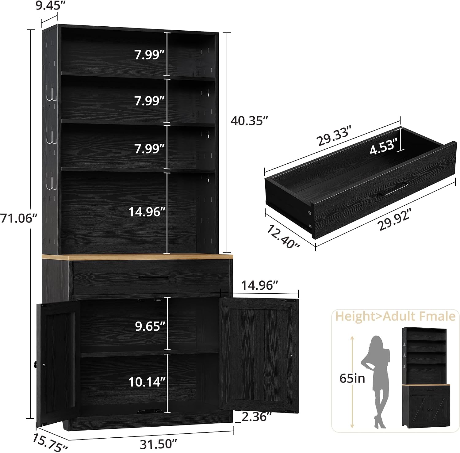 IRONCK Bakers Rack Microwave Stand with Customizable Pegboard and Storage, 71' Farmhouse Coffee Bar Cabinet with Drawer, Barn Doors, Adjustable Shelves for Kitchen, Dining Room, Living Room, Black