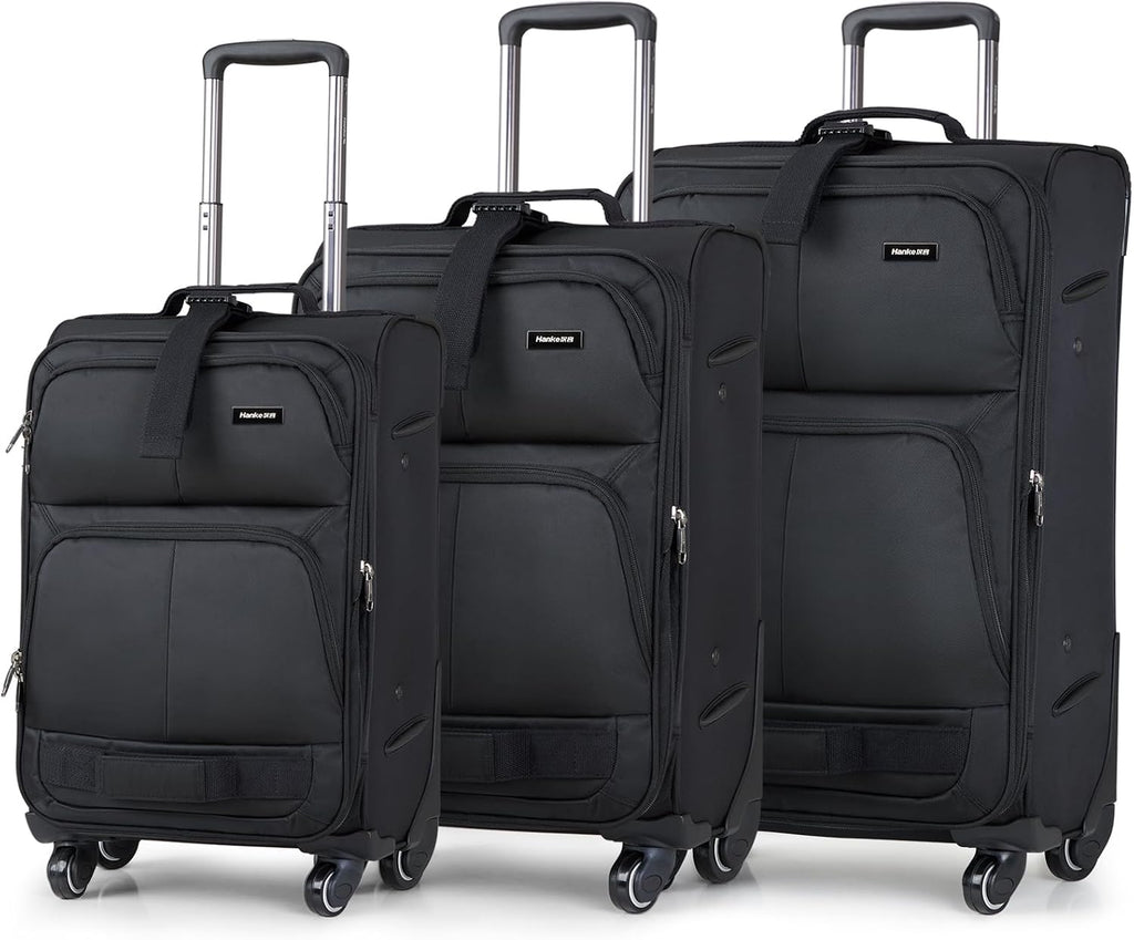 Hanke 3 Piece luggage Sets Softside Expandable luggage with Spinner Wheels TSA Lock,Travel Lightweight Luggage Sets,Black