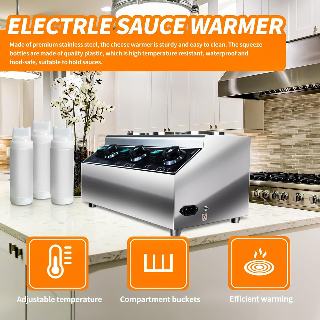 KOOTEN Electric Cheese Sauce Warmer Dispenser,Cheese Warmer Hot Chocolate Warmer and Dispenser 0.68x3 Qt Commercial Cheese Dispenser Bottle Warmer 86-185℉Nacho Cheese Warmer with Bottles