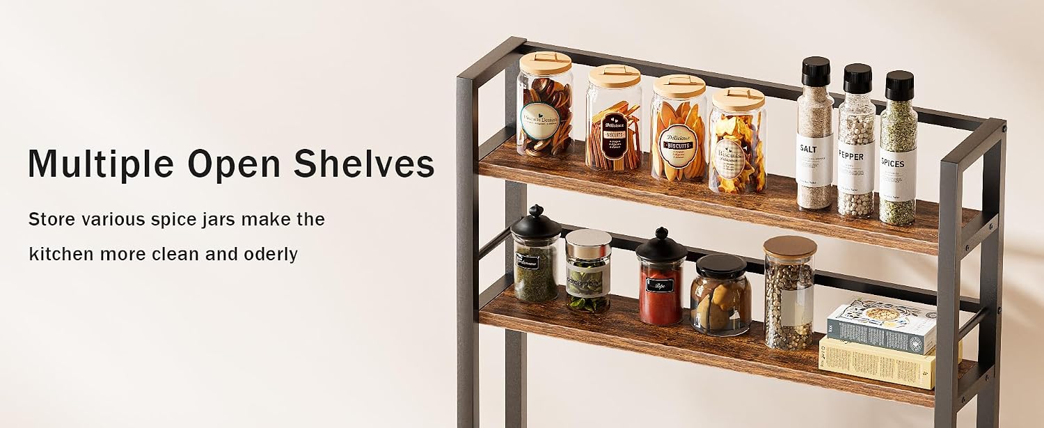 Katutude Kitchen Baker's Rack with Storage Cabinet,5-Tier Baker with Power Outlets Wood Dish Cabinet Metal Spice Rack Microwave Oven Stand for Kitchen Dining Room Brown
