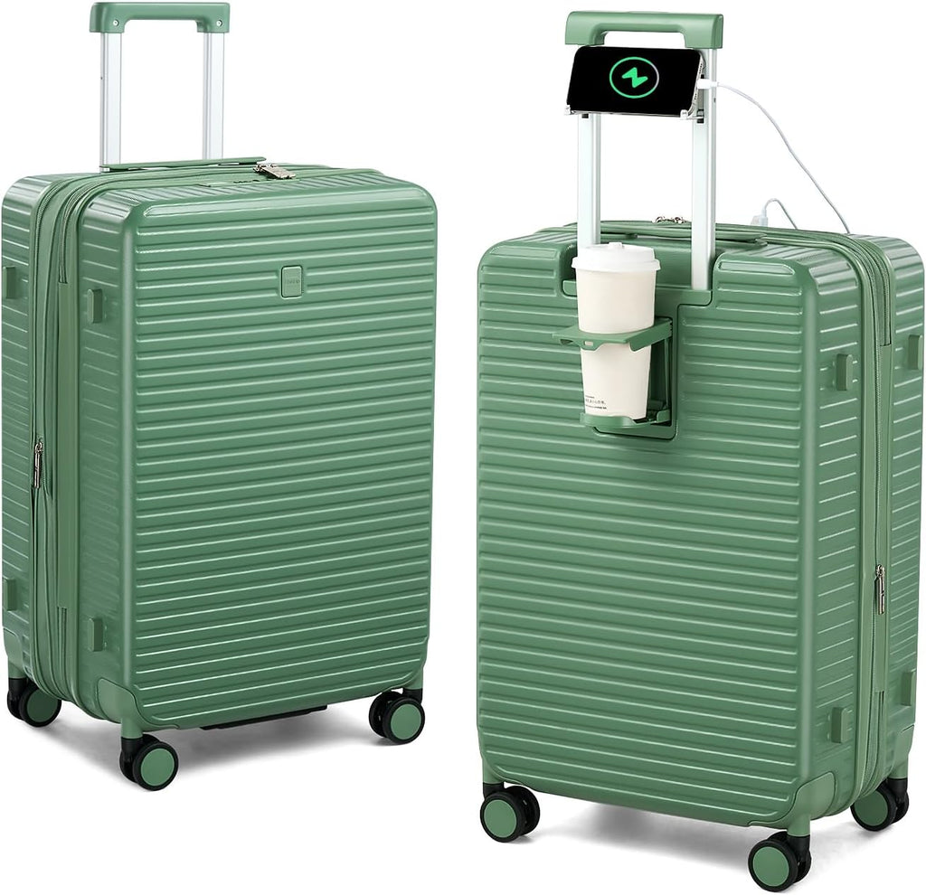 HanTrip Hard Shell Suitcases Travel Expandable Luggage, 24 Inch Check in Luggage with Spinner Wheels Cup Holder Charger Built in, Checked Medium Suitcase Lightweight Suitcases, Forest Green