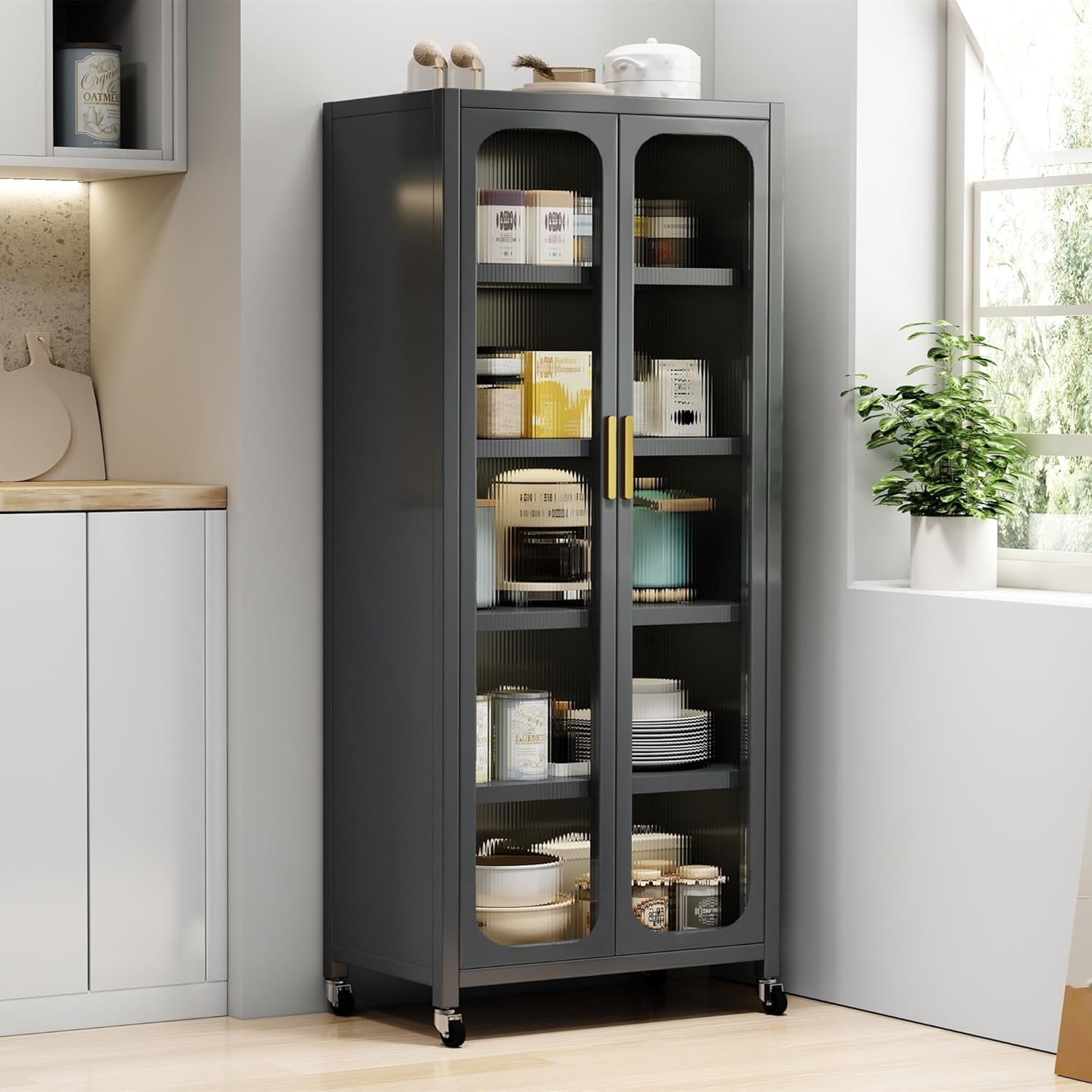 Kitchen Pantry Storage Cabinet, 6 Tier 65' H Metal Sideboard with Wheels and Acrylic Glass Door, Modern Kitchen Storage Rack for Home, Office,Pantry