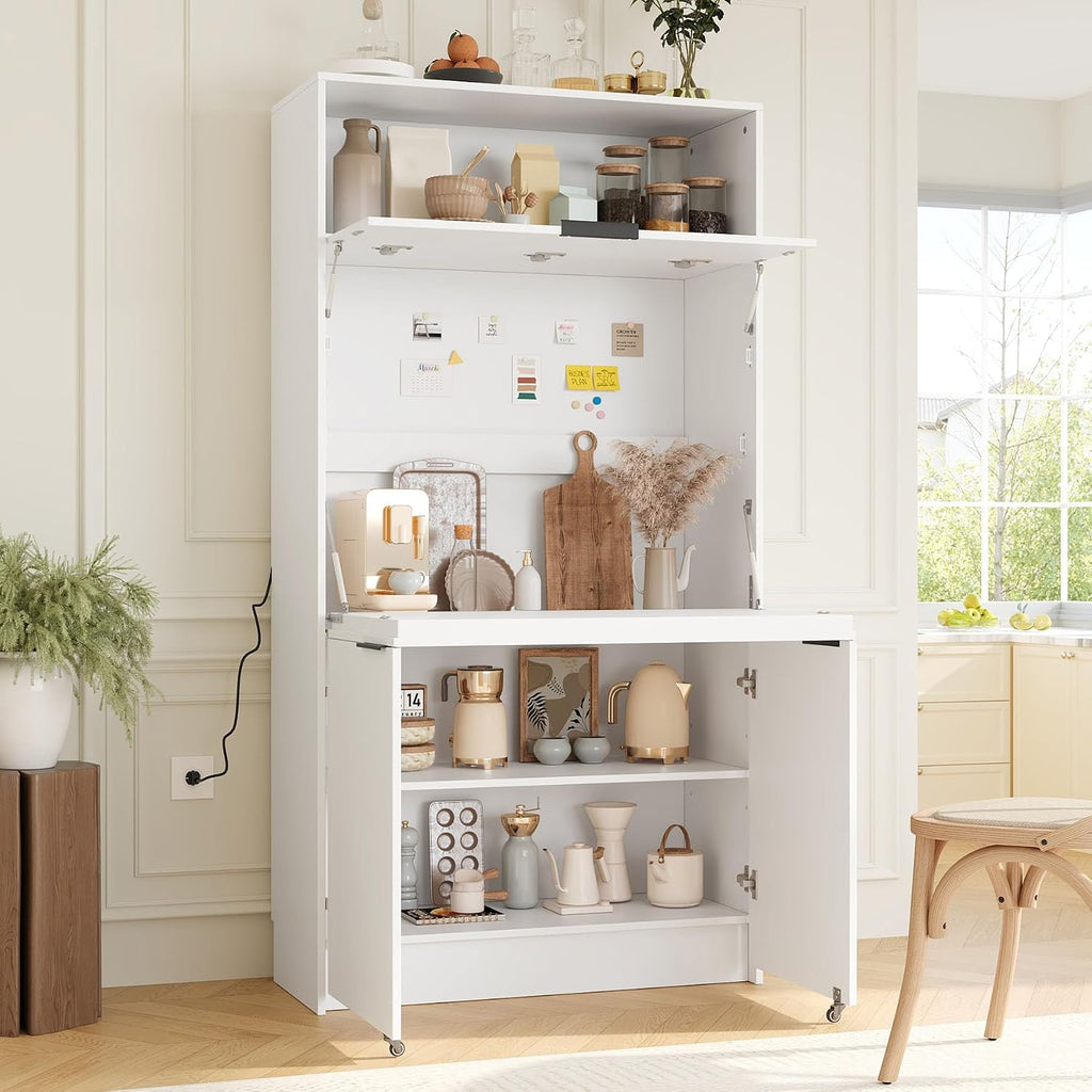 Farmhouse Pantry Cabinet with Foldable Workstation, 69' Tall Buffet with Hutch and Storage, Multifunctional Kitchen Cabinet with Adjustable Shelf and Power Outlet for Dining Room (White)