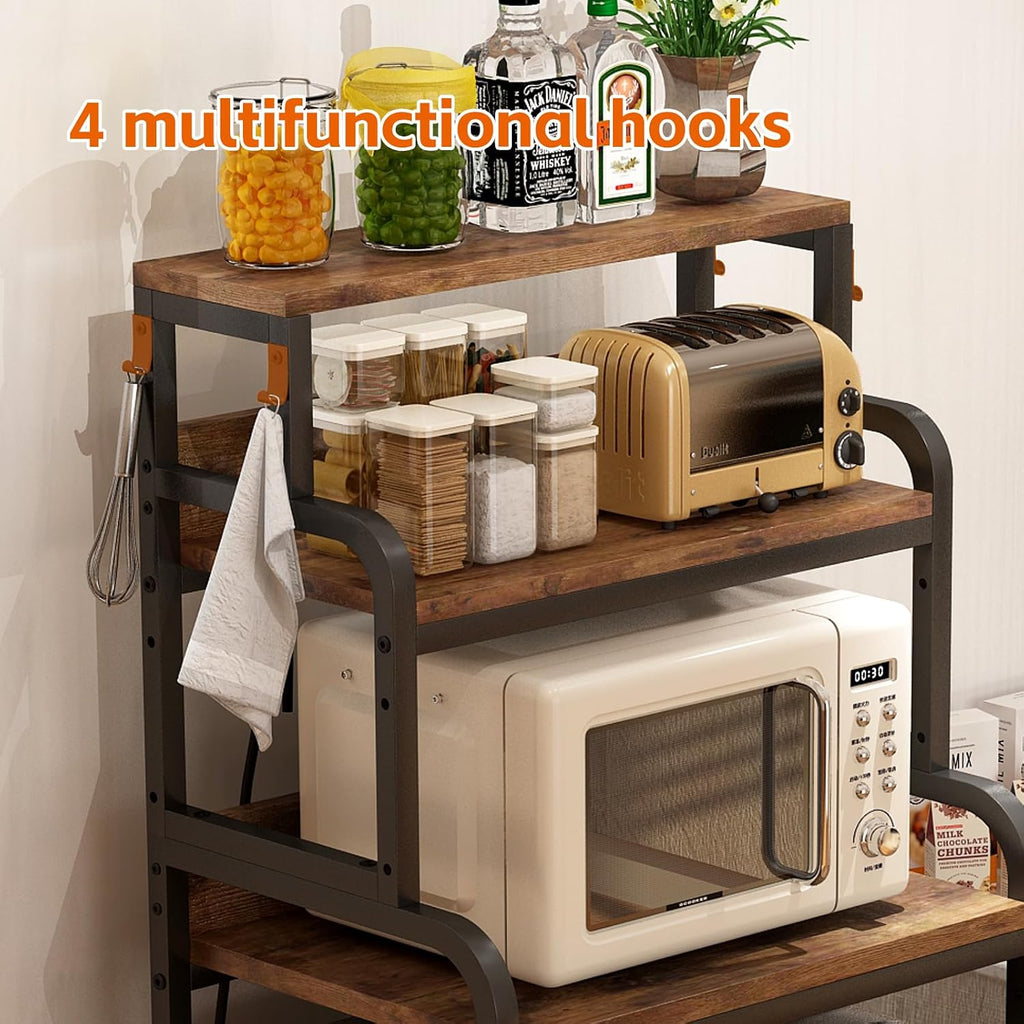 Mini Fridge Stand with Storage, Multifunctional 4-Tier Microwave Oven Stand with Adjustable Shelves and Hooks, Fridge Shelf & Bakers Rack with Power Outlet for Kitchen/Dorm/Living Room/Office, Black