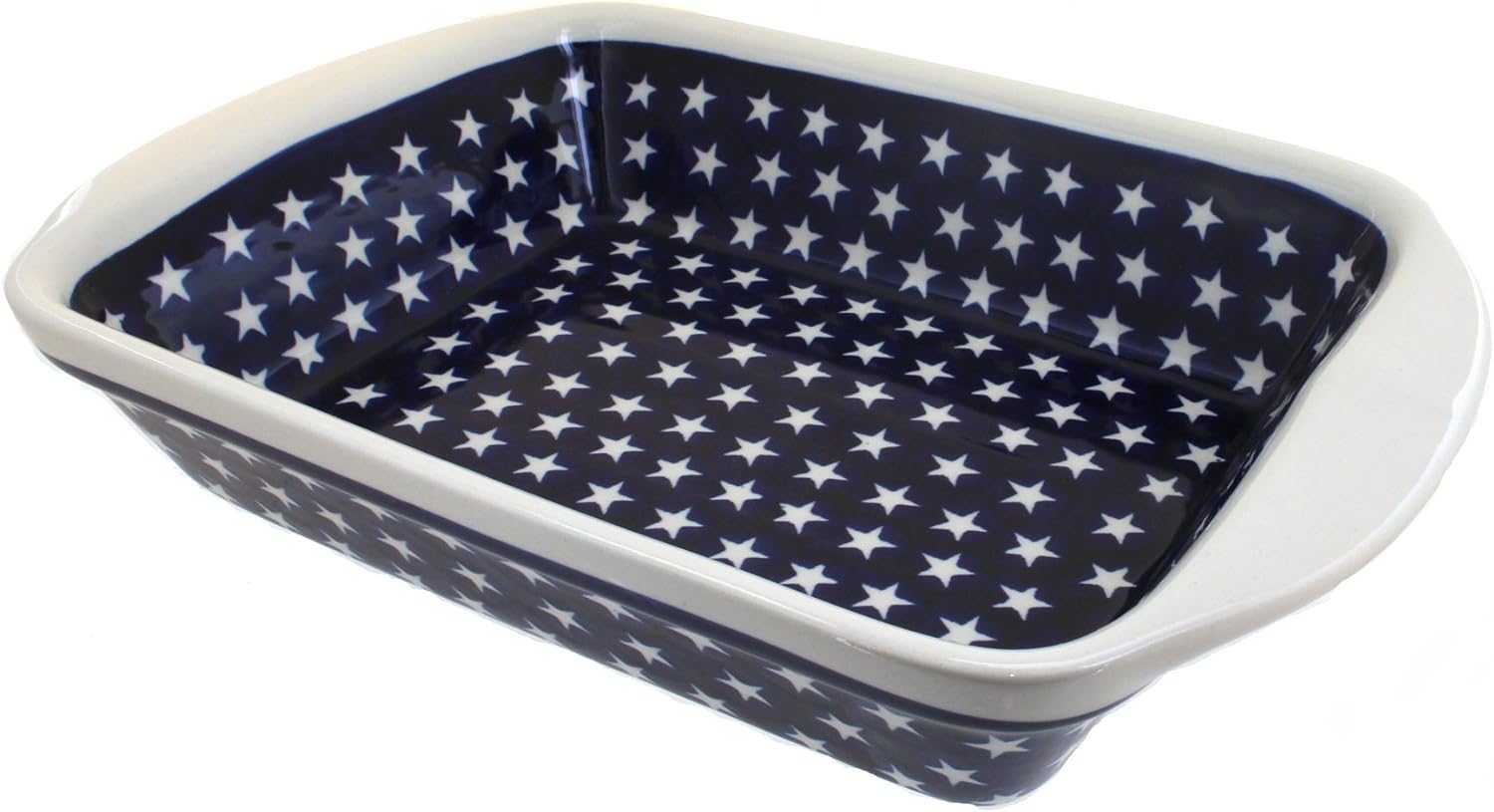 Blue Rose Polish Pottery - Blue Stars Large Rectangular Baker with Handles - 11.5' x 9.25' - Unique, Dishwasher Safe, & Durable Bakeware