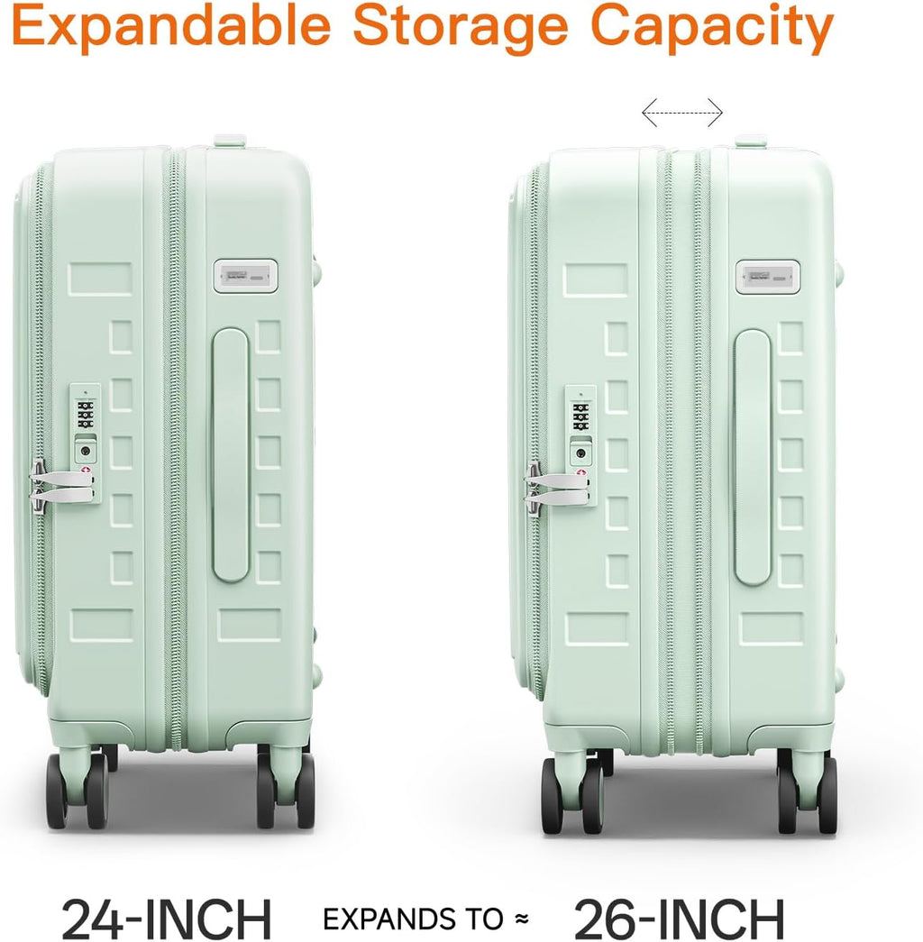 Expandable Lightweight PC Hard Shell Suitcase, 24-inch Luggage with TSA Lock, Top Opening & Cup Holder - Ideal for Business Travel Suitcase (Mint Green, Checked-Medium 24-Inch)