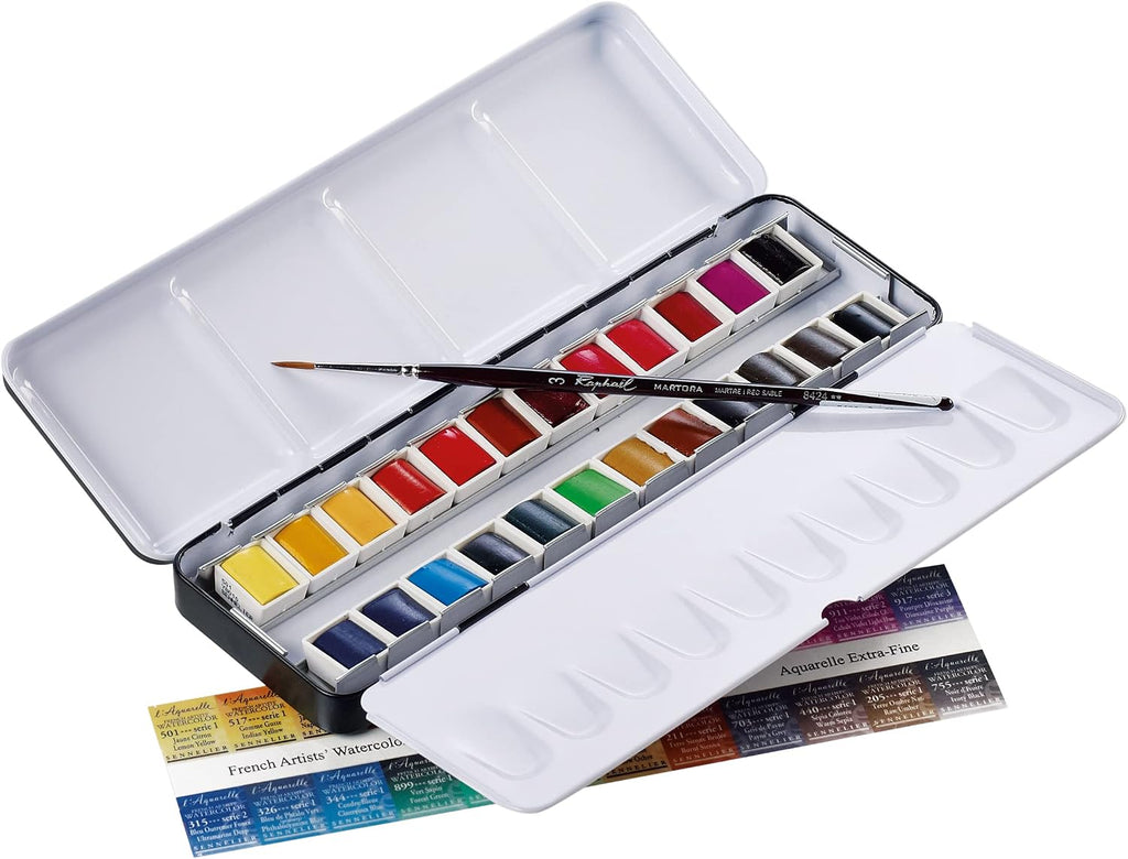 SENNELIER French Watercolor Painting Set, 24 Vibrant Colors in Half Pans, Metal Case and Palette