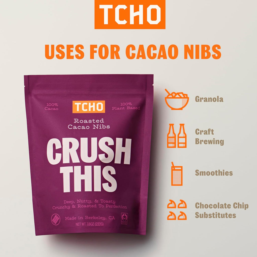 TCHO Crush This - Unsweetened Roasted Cacao Nibs (3 Pack) - Roasted, 100% Plant Based, Vegan Friendly, Non-GMO, Single-Origin, Non-Dairy, Fair Trade Certified, Zero Sugar, USDA Organic Cacao Nibs - 7.8oz each, 3 Pack