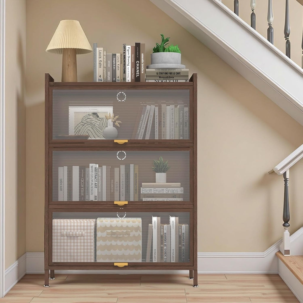 4-Tier Kitchen Pantry Cabinet with Microwave Shelf & Flip-Up Doors - Modern Freestanding Storage Cupboard with Adjustable Shelves & Fluted Glass Doors, Brown Buffet for Kitchen/Dining/Living Room