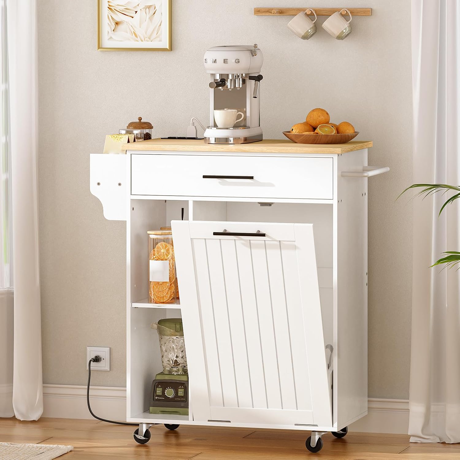 HOOBRO Kitchen Island with Trash Can Storage, Rolling Kitchen Island on Wheels, Kitchen Storage Island with Power Outlet, Mobile Islands Table for 10 Gallon Garbage Bin, Natural and White WN80UZD01G1