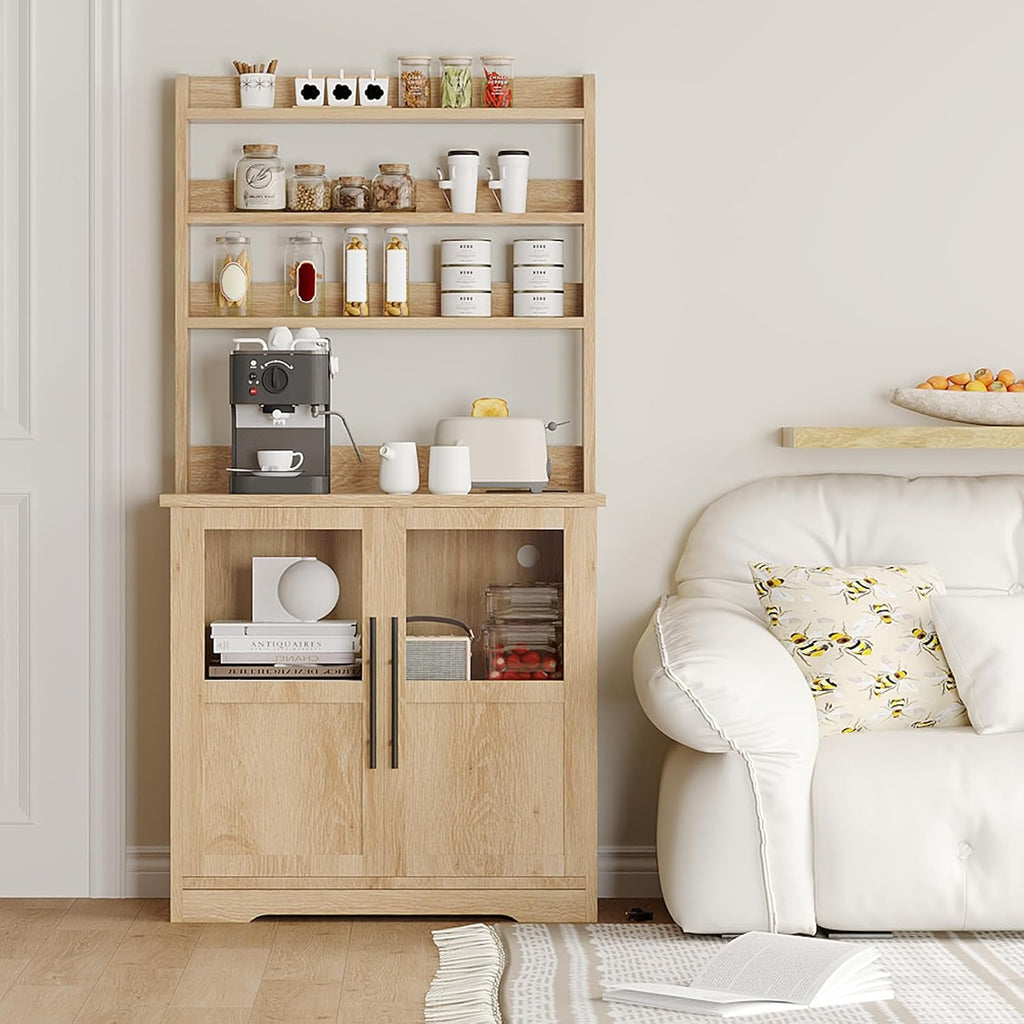 Microwave Stand & Coffee Bar Cabinet | 6-Tier Kitchen Bakers Rack with Storage, Power Outlet, and Glass Doors | Freestanding Tall Wooden Hutch for Dining Room Organization
