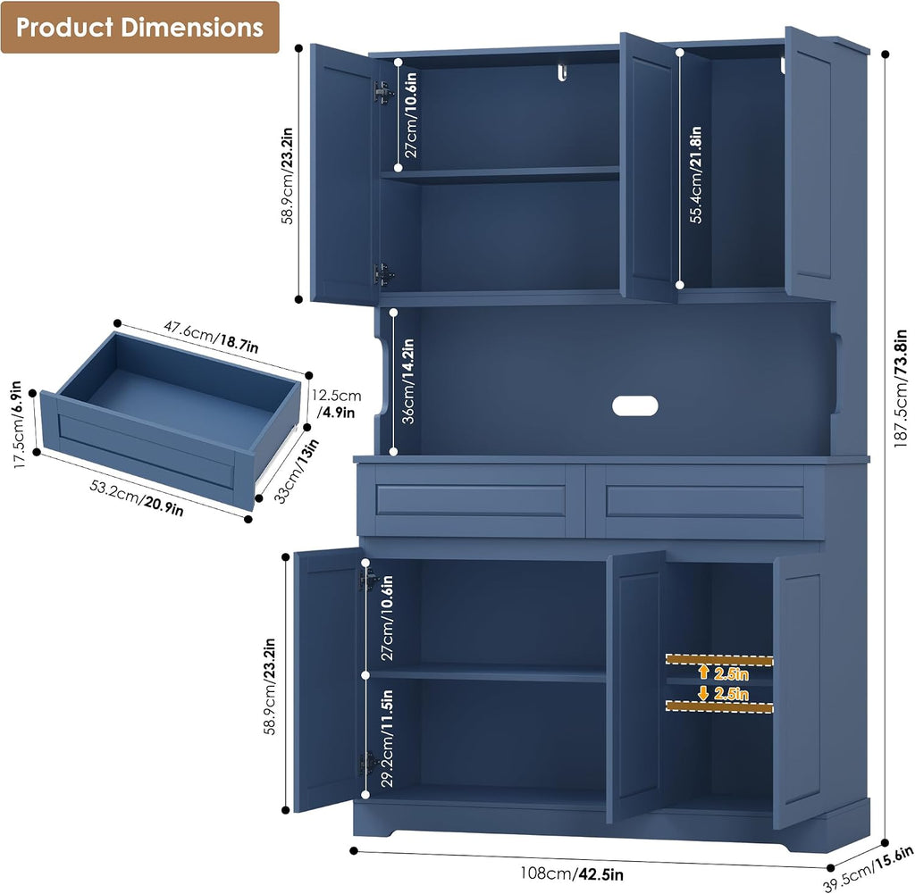 FACBOTALL 74' Pantry Cabinet, Tall Kitchen Pantry Cabinet with 6 Doors and 2 Drawers, Kitchen Hutch with Wide Countertop, Modern Kitchens Cupboard with Adjustable Shelves and Charge Holes, Blue