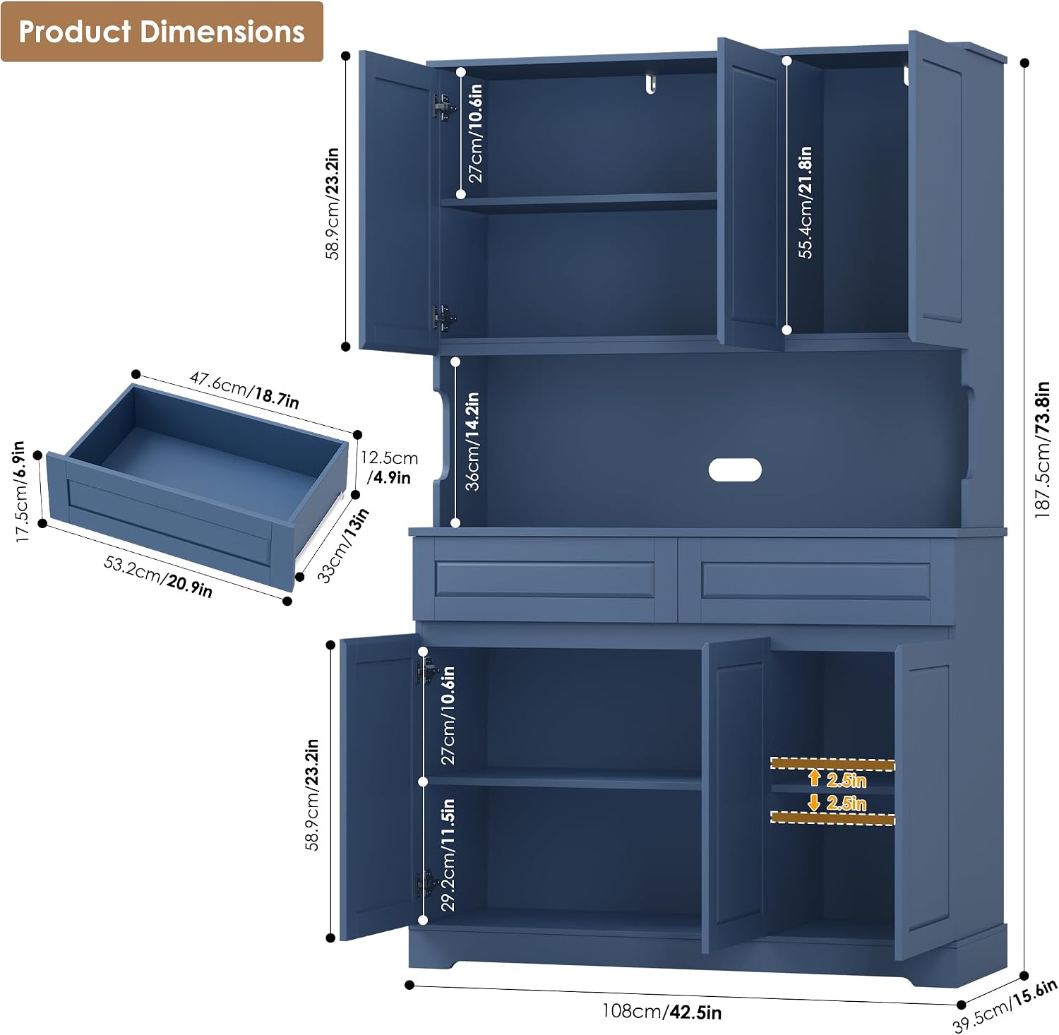 FACBOTALL 74' Pantry Cabinet, Tall Kitchen Pantry Cabinet with 6 Doors and 2 Drawers, Kitchen Hutch with Wide Countertop, Modern Kitchens Cupboard with Adjustable Shelves and Charge Holes, Blue
