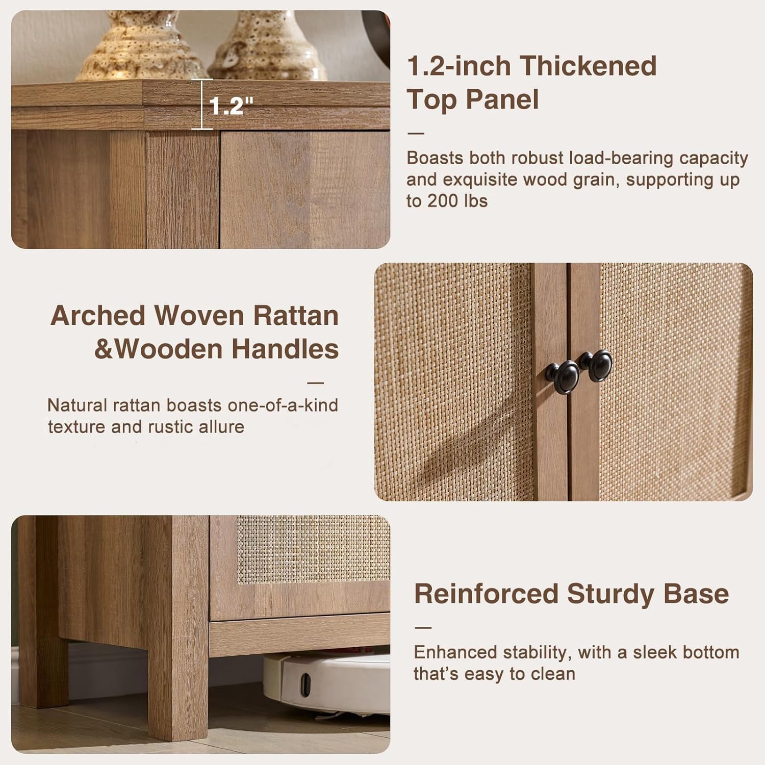 Okvnbjk Rattan Buffet Cabinet with Storage - 4 Soft-Close Doors Sideboard for Dining Room & Living Room, Coffee Bar Cabinet with Adjustable Shelves