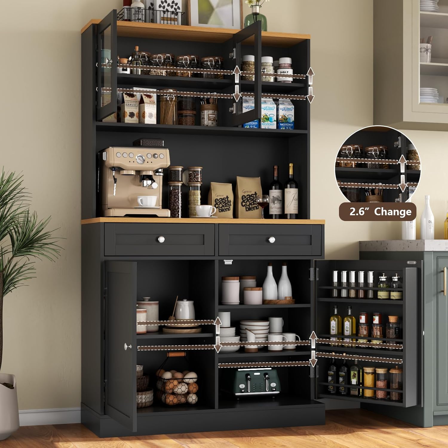 Tall Pantry Cabinet, Modern Kitchen Hutch with Microwave Stand, Kitchen Pantry Storage Cabinet with 2 Darwers & Door Shelf, Food Pantry with Glass Doors & Adjustable Shelves for Dining Room, Black