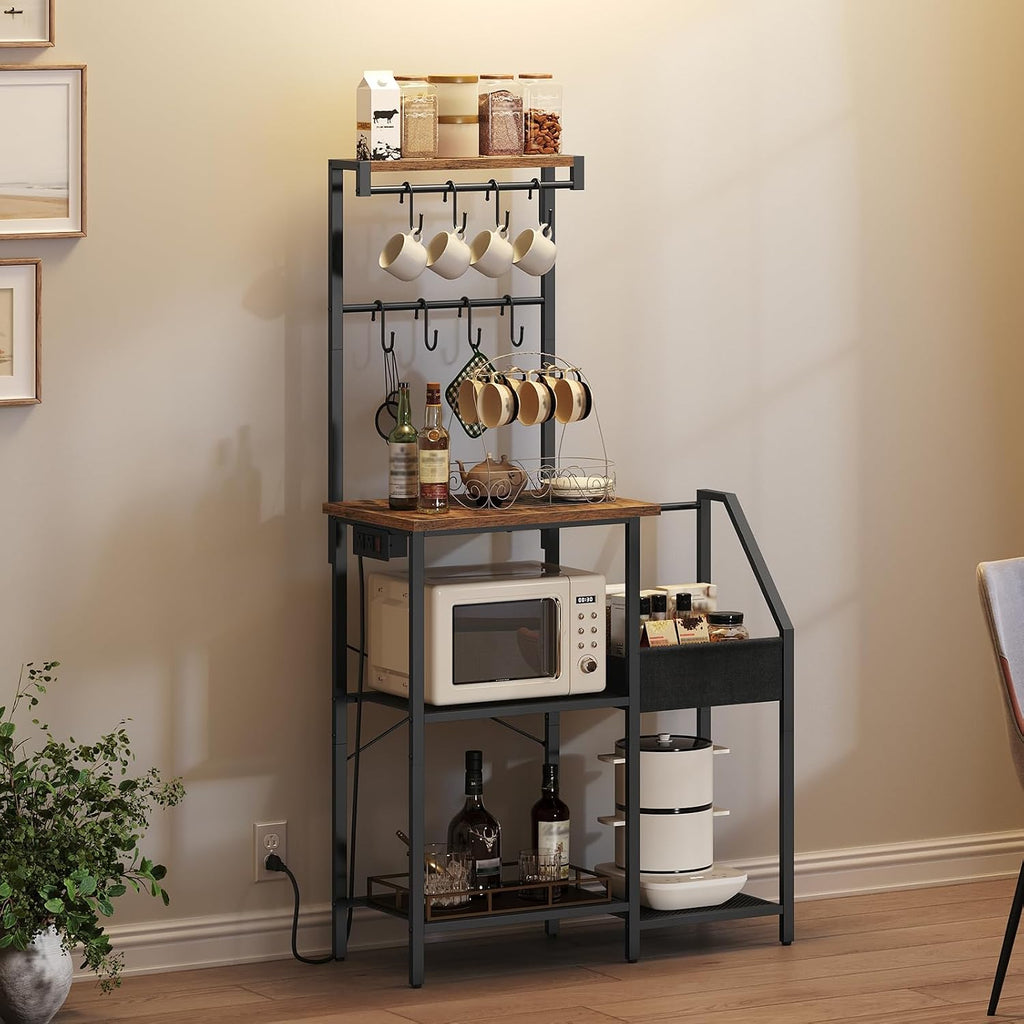 MAHANCRIS Bakers Rack with Mini Fridge Shelf and Bakers Rack with Power Outlet Bundle, Kitchen Storage Shelf, BRHR5401-BRHR74E01