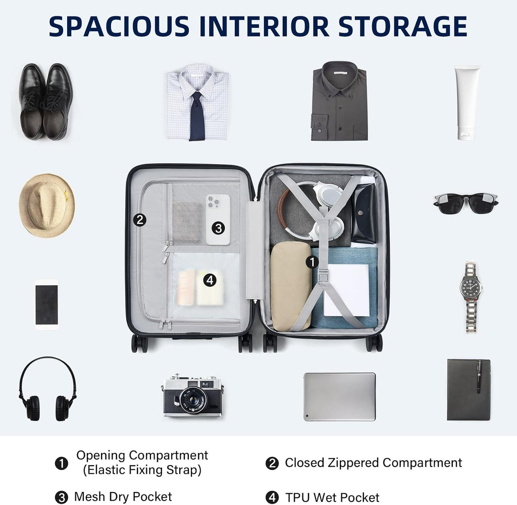 HanTrip Hard Shell Suitcases Airline Approved 20 Inch Carry on Luggage, Expandable Travel Luggage Carry on Luggage with Cup Holder Charger Built in, Lightweight Small Suitcases with Wheels, White