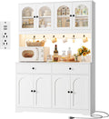 71' LED Kitchen Pantry Cabinet with Power Outlet, Large Kitchen Hutch Storage Cabinet with Arched Door & Shelves & 2 Drawers, Tall Modern Coffee Bar with Hutch for Home Dining Living Room, White
