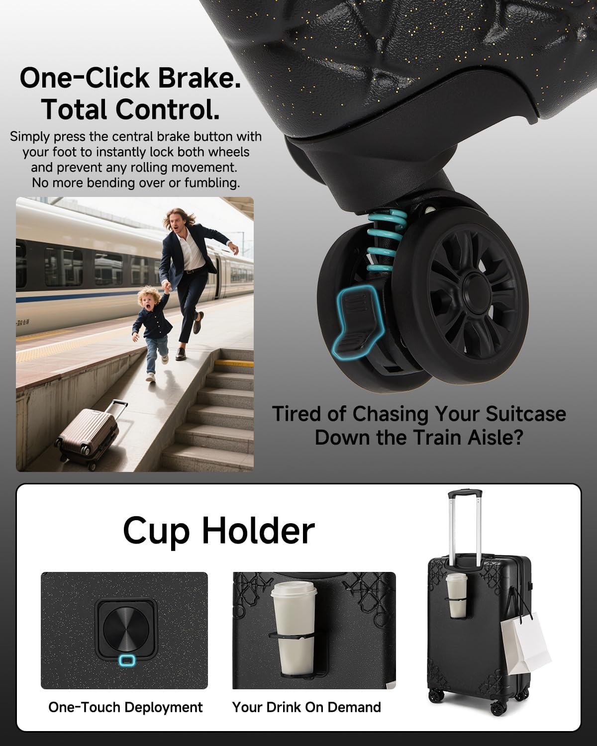 Somago 3 Piece Luggage Set with Cup Holder, Expandable 25% Capacity Suitcase with Shock-Absorbing Braking Spinner Wheels Moon Star Design Hardside Suitcase with TSA Lock (Black,Expandable Sets)
